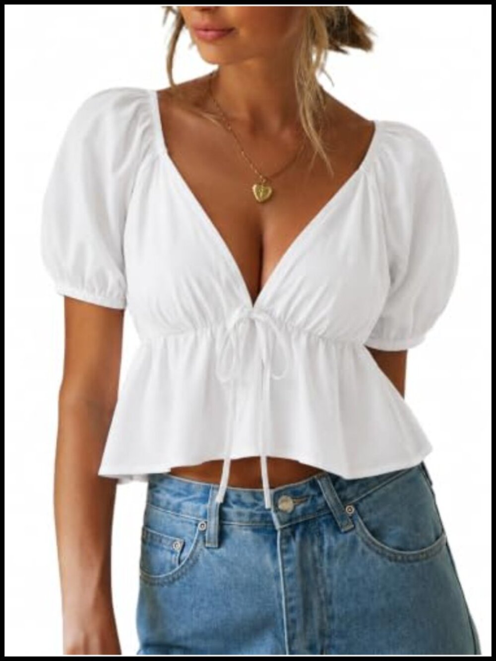 Women's Ruffle Hem Peplum Crop Top, Deep V Neck Puff Sleeve Blouse
